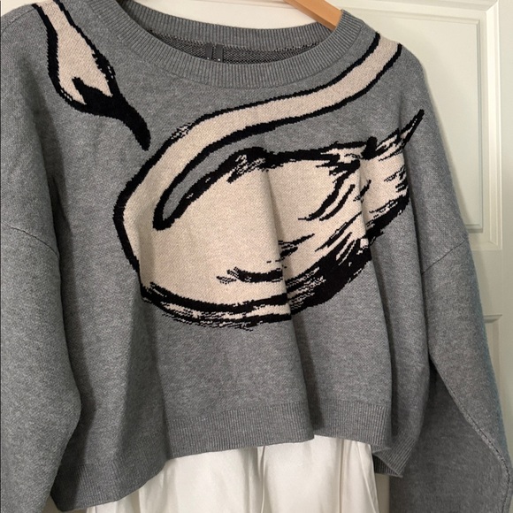 Anthropologie Gray Sweater with Cream Swan Graphic twofer dress midi new M - Picture 4 of 7